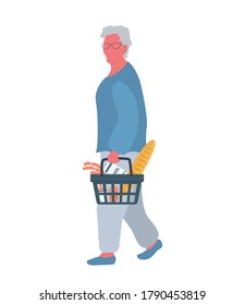Elderly woman with shopping basket in her hands. There is a milk, a bread and other products in the basket. Supermarket shopper. Shopping concept. Vector flat illustration