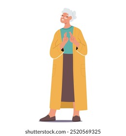 Elderly Woman With Short White Hair, Warm Smile. And Glasses Is Standing With Her Fingers Crossed Expressing Hope And Optimism. Cartoon Vector Image Conveys Feelings Of Positivity And Anticipation
