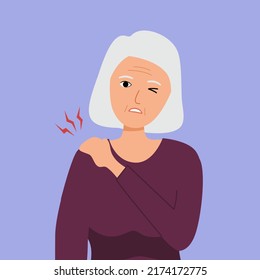 Elderly woman shoulder pain in flat design. Muscle or bone problem.