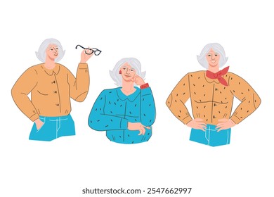 Mujer mayor que muestra expresiones faciales. Abuela en sentimiento reflexivo, alegre y confiado para proyectos de atención médica y cuidado de personas mayores, Ilustración vectorial plana aislada sobre fondo blanco.