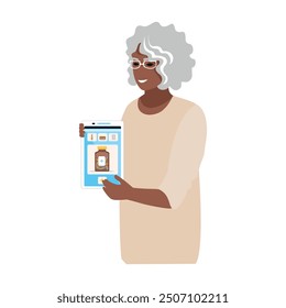 Elderly woman showing tablet with online pharmacy app. Health and medicine. Ordering and buying medicines via online app on smartphone, tablet or computer. Medicine at home. Vector illustration