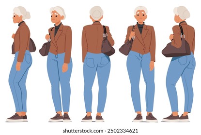 Mujer Mayor Mostrada En Diferentes Vistas De Perfil Con Un Traje Casual. Carácter Envejecido Vestido Con Chaqueta Marrón, Jeans Azules, Zapatos, Y Lleva Un Grande Bolso. Ilustración vectorial de Personas de dibujos animados