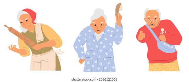 An elderly woman shows her anger through different gestures, holding a rolling pin, raising a finger reprimandingly, and giving a disapproving look, all set in a cozy home environment