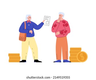 Elderly Woman Shows Her Husband A Plan For Their Personal Bank Savings. Disposition Of Funds For Pension Savings, Flat Vector Illustration Isolated On White Background.