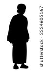 Elderly woman silhouette. Japanese granny's silhouette. Hunched grandma. Black vector silhouette of old lady. Senior woman wear Japanese footwear - Geta and kimono. Senior dame figure.