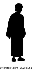 Elderly woman silhouette. Japanese granny's silhouette. Hunched grandma. Black vector silhouette of old lady. Senior woman wear Japanese footwear - Geta and kimono. Senior dame figure.