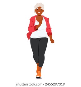 Elderly Woman with Silver Hair Jogging, Her Determination Evident In Each Step, as she Gracefully Moves Forward and Smile. Active Black Female Character Running. Cartoon People Vector Illustration