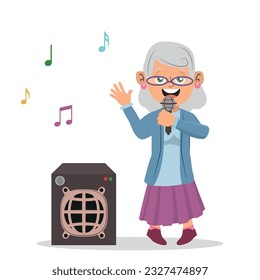 elderly woman singing happily, old woman dancing. Vector illustration on a white background.