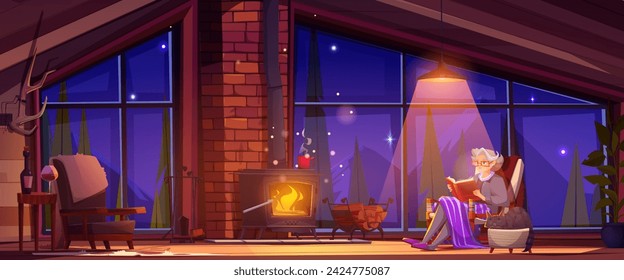 Elderly woman sit in armchair and read book in cozy living room of winter cabin in evening. Rustic chalet interior with snowy mountains and spruce trees landscape outside large panoramic window.