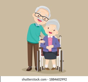 elderly woman sit in a wheelchair and the old man tenderly puts hands on her shoulders. Couple of elderly people. Grandpa near grandmother in a wheelchair. Vector illustration in a flat style