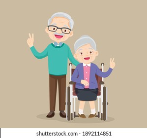 elderly woman sit in a wheelchair and the old man tenderly puts hands on her shoulders. Couple of elderly people. Grandpa near grandmother in a wheelchair. Vector illustration in a flat style