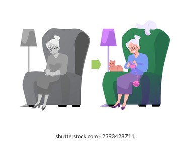 Elderly woman sits in armchair with cats and knits. Happy grandmother having a good time doing hobby and monochrome sad alone pessimist. Lonely old positive and negative characters vector set