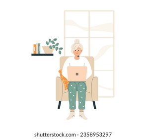 Elderly woman sits in chair with laptop. Senior woman studying. Cute old woman working on laptop computer at home. Old woman surfing internet, using technology. Isolated vector illustration.