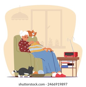 Anciana Mujer Se Sienta Cómodamente En Un Acogedor Sillón, Tejiendo Con Colorido Hilado, Acompañado Por Sus Gatos Juguetones. La Sala De Estar Cálida Y Acogedora Proporciona Un Telón De Fondo Perfecto Para Una Escena De Pasatiempo Tranquilo