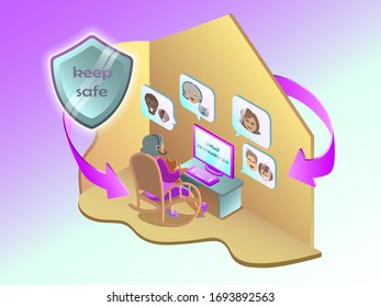 
an elderly woman sits in front of a computer with a cat in her arms and communicates with friends on the Internet. The woman is in self-isolation, in quarantine. Vector isometric image.