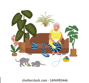 Elderly woman sits on couch and knits knitwear between home flowers. Crazy plant old lady, floriculture and knitting hobby and Urban jungle concept. Flat Art Vector Illustration