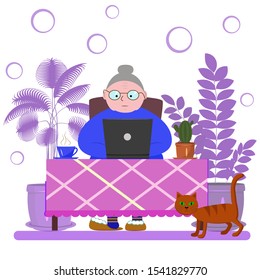 An elderly woman sits on the Internet with a laptop on a background of indoor flowers and a cat