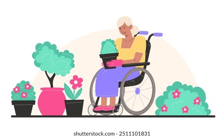An elderly woman sits in a wheelchair and holds a plant in a pot in the garden