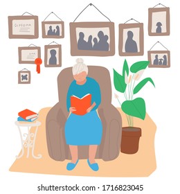 Elderly woman sitting in armchair and reading book, vector illustration. Senior woman at home alone, grandmother cartoon character. Old lady in room full of pictures in frames, senior person read book