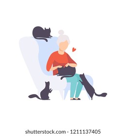 Elderly woman sitting in armchair surrounded by black cats, adorable pets and their owner vector Illustration on a white background