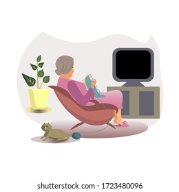 an elderly woman is sitting in a chair at home. a good grandmother knits and watches TV . the cat is playing with a ball of thread. VECTOR ILLUSTRATION . home crafts. mother's day. room flower in pot