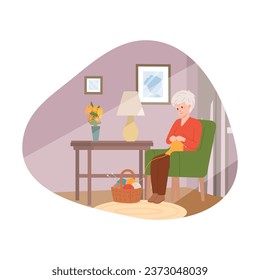 Elderly woman sitting in chair and knitting at home vector illustration. Senior person hobby. Old people active lifestyle concept.