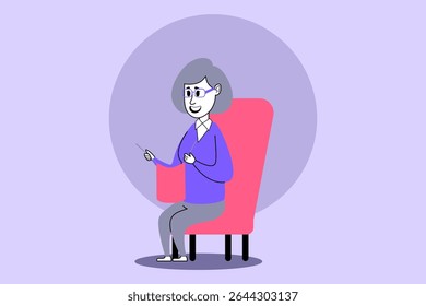 Elderly woman sitting comfortably in bright pink chair, smiling while knitting. Senior people hobby concept