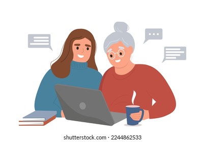 An elderly woman is sitting at a computer, studying, communicating. A young daughter helps an old grandmother to master the Internet, a laptop. Vector graphics.
