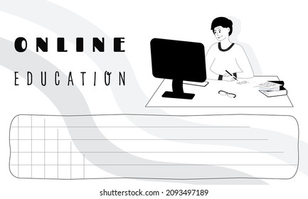 Elderly woman sitting at desk and looking at computer Online education banner Online working and education concept Outline colorless vector Illustration Copy spice Isolated black and white poster