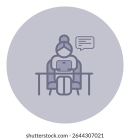 Elderly woman sitting at desk using tablet. Person focused and engaged with device, with speech bubble indicating communication or thoughts
