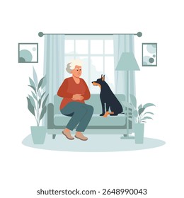 Elderly woman sitting with dog in cozy living room setting with large window and plants vector