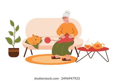 Elderly woman sitting and knitting on the sofa. Vector illustration of cute old lady with knitting needles, ball of yarn and kitten. Cozy illustration of knitting hobby, handicraft