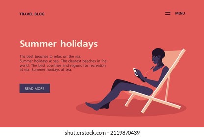 Elderly woman sitting in a lounge chair and holding smartphone in her hands. Summer holidays. Travel blogger. Website template. Vector flat illustration