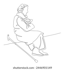 Elderly woman sitting on bench and holding small dog on knees. Continuous line drawing. Black and white vector illustration in line art style.