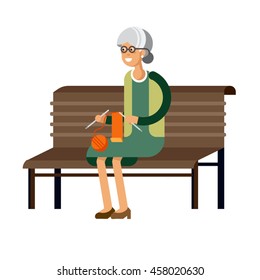 Elderly woman sitting on bench. Grandmother knits. Vector flat illustration isolated in white background..