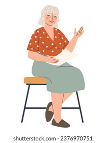 Elderly woman is sitting on a chair. Grandmother holds paper in her hands. The woman reads and waves her hand. Flat vector illustration