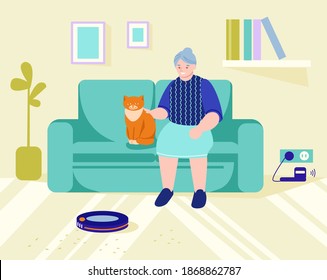 An elderly woman is sitting on the couch with a cat. The robot vacuum cleaner cleans the room. Modern wireless equipment for cleaning the apartment. Vector illustration in flat style.