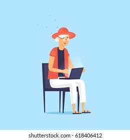 Elderly woman is sitting on the Internet. Vector illustration flat style.