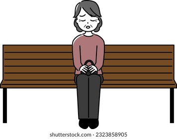 An elderly woman sitting on a simple bench in a park (tired)