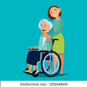 Elderly woman sitting on a wheelchair with daughter. .Concept of care for the elderly, patients or the disabled.. Vector illustration in cartoon style.