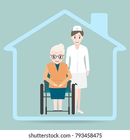 Elderly Woman Sitting On Wheelchair And Nurse Icon, Nursing Home Sign Icon. Medical Care Concept