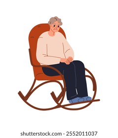 Elderly woman sitting in rocking chair. Senior old aged female, granny relaxing in cozy armchair. Retired older person on seat at leisure. Flat vector illustration isolated on white background