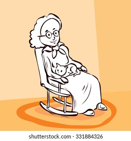 Elderly woman sitting in a rocking chair and stroking a cat. Hand drawn cartoon vector illustration. 