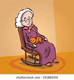 Elderly woman sitting in a rocking chair and stroking a cat. Hand drawn cartoon vector illustration. 