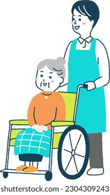 elderly woman sitting in a wheelchair and caregiver man