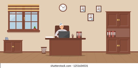 An elderly woman sitting in the workplace in a spacious office on a cream background. Vector illustration.Table, wardrobe, diplomas. Wooden floor. Perfect for advertising