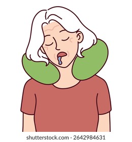 Mulher idosa dorme em paz com travesseiro no pescoço. Conceito de viagem para idosos, conforto e repouso durante o voo ou viagem.