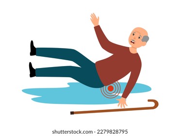 Elderly woman slip fall on wet floor in flat design on white background. Caution wet floor.