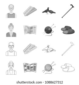 An elderly woman, slippers, a newspaper, knitting.Old age set collection icons in outline,monochrome style vector symbol stock illustration web.