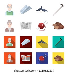 An elderly woman, slippers, a newspaper, knitting.Old age set collection icons in cartoon,flat style vector symbol stock illustration web.